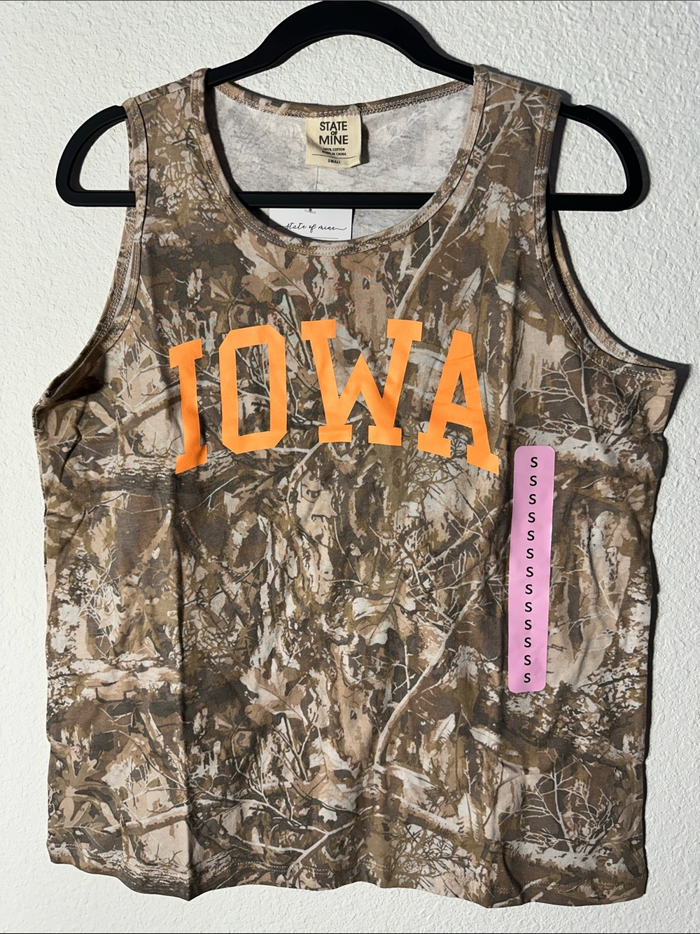 State of Mind Brown Camo Tank Top with Orange IOWA Graphic